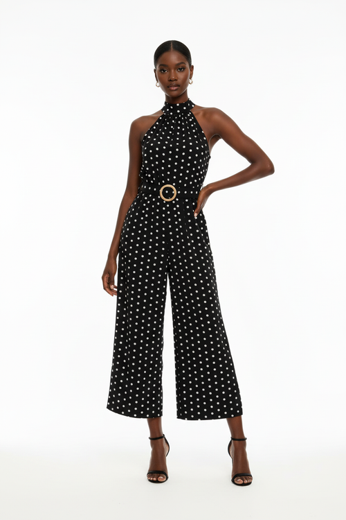 Combinaison Halter Col Mock À Pois Jambes Larges Ceinturée - Chic Estival | Silhouette-Chic