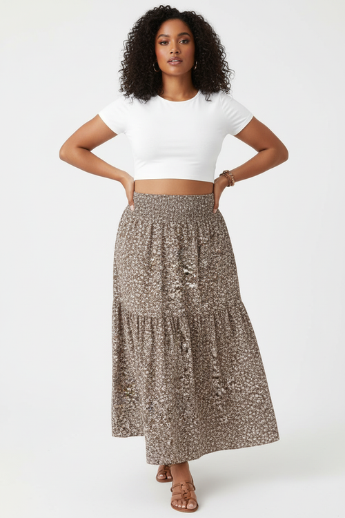 Jupe Longue Fleurie Smockée À Volants Étagés Grande Taille - Liberté Boho | Silhouette-Chic