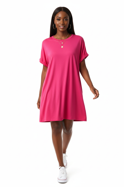 Robe Mini T-Shirt Uni Col Rond Manches Courtes Retroussées Poches Latérales