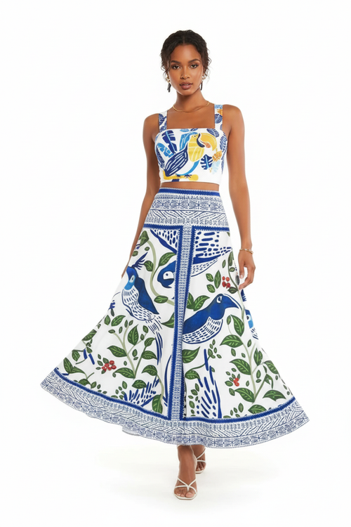 Ensemble 2 Pièces Imprimé – Crop Top & Jupe Maxi Bohème | 3 Coloris