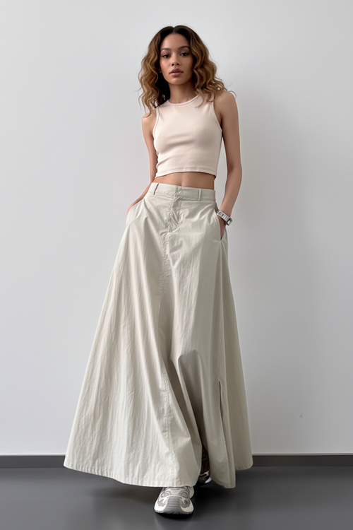 Jupe Maxi Cargo Froissée – Taille Basse, Volume & Fente | 3 Coloris