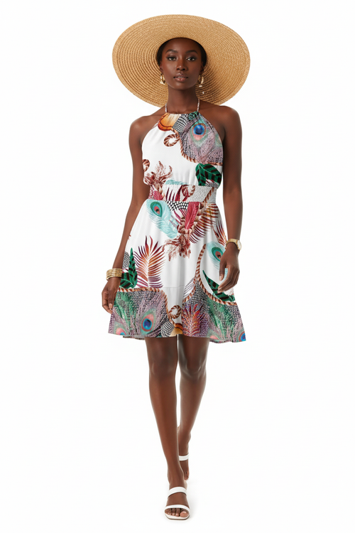 Robe Mini Halter Bohème Imprimée Taille Smockée Jupe Étagée Volantée | Silhouette-Chic