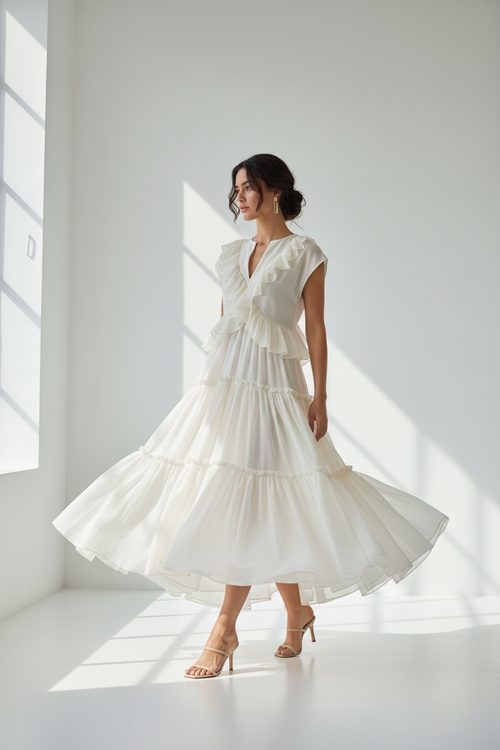 Robe Étagée Encolure Crantée Manches Courtes - Élégance Décontractée Féminine | Silhouette-Chic