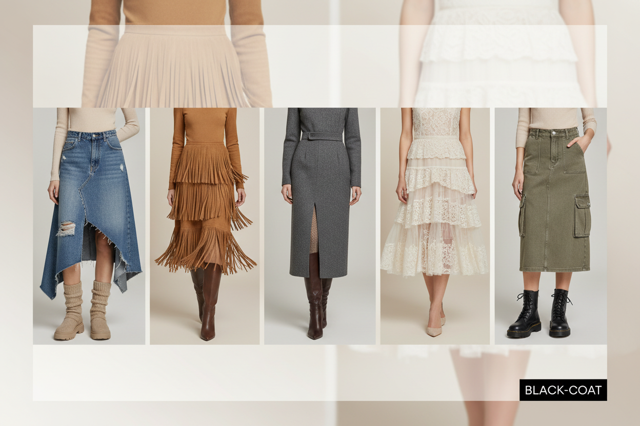 Guide des jupes tendance hiver 2026 Silhouette-Chic - 5 styles de jupes : denim asymétrique, suédine à franges, midi professionnelle, volants dentelle, cargo utilitaire