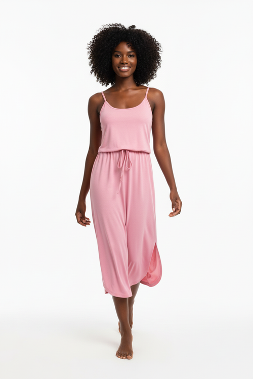 Robe Midi Bretelles Col Rond Taille Cordonnée avec Fente | Silhouette-Chic