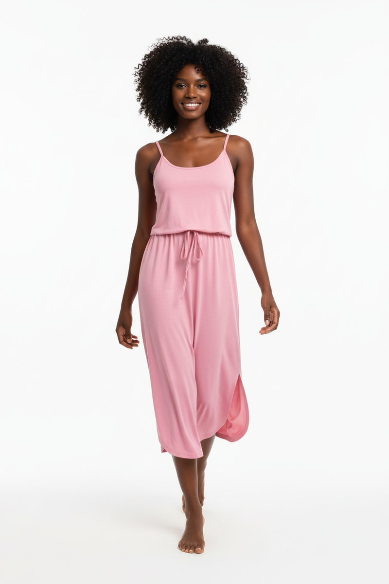 Robe Midi Bretelles Col Rond Taille Cordonnée avec Fente | Silhouette-Chic