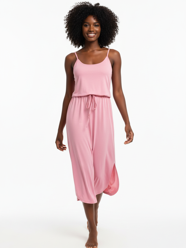 Robe Midi Bretelles Col Rond Taille Cordonnée avec Fente | Silhouette-Chic