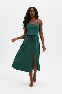 Robe Midi Bretelles Col Rond Taille Cordonnée avec Fente | Silhouette-Chic