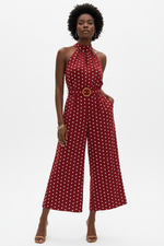 Combinaison Halter Col Mock À Pois Jambes Larges Ceinturée - Chic Estival | Silhouette-Chic