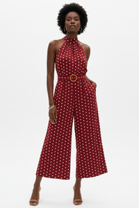 Combinaison Halter Col Mock À Pois Jambes Larges Ceinturée - Chic Estival | Silhouette-Chic