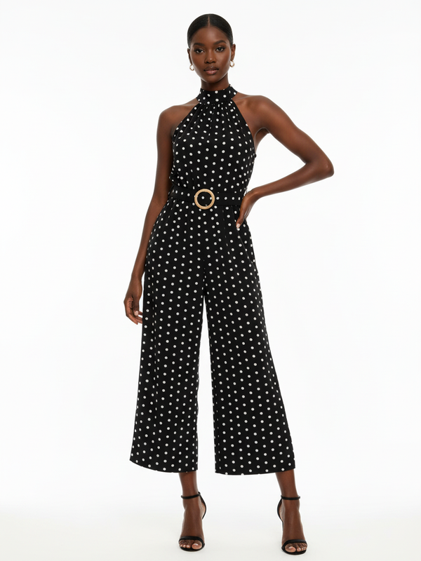 Combinaison Halter Col Mock À Pois Jambes Larges Ceinturée - Chic Estival | Silhouette-Chic