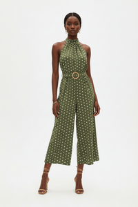 Combinaison Halter Col Mock À Pois Jambes Larges Ceinturée - Chic Estival | Silhouette-Chic