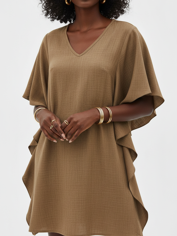 Robe Mini Col V Manches Papillon Volantées Poche Poitrine