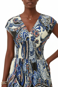 Robe Maxi Imprimée Col V Manches Courtes Taille Smockée Bohème | Silhouette-Chic