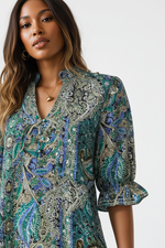 Robe Midi Bohème Imprimé Paisley Volanté Manches Bouffantes