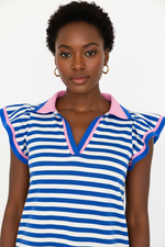 Robe Mini Rayée Col V Fendu Manches Volantées Contrastées | Silhouette-Chic