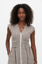 Robe Midi Vichy Col V Zip Frontal Taille Smockée — Chic & Inoubliable