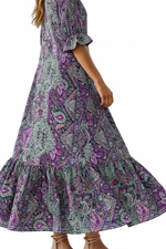 Robe Midi Bohème Imprimé Paisley Volanté Manches Bouffantes