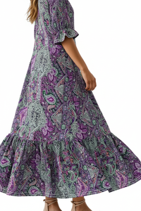 Robe Midi Bohème Imprimé Paisley Volanté Manches Bouffantes