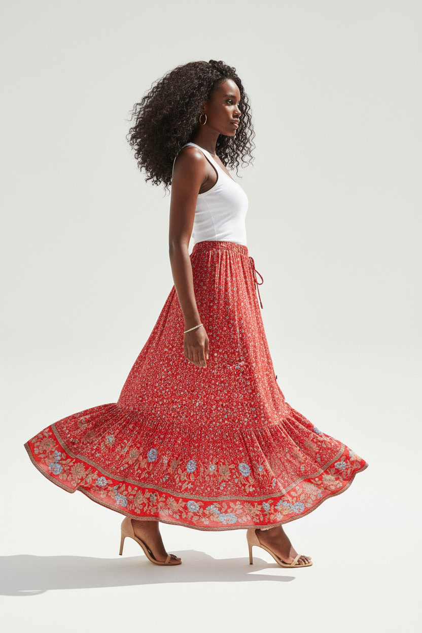 Jupe longue bohème Black-Coat rouge avec imprimé floral, bordure décorative et fente latérale - profil latéral complet d'une mannequin en mouvement gracieux sur fond blanc studio, soulignant le mouvement fluide de la jupe, la silhouette bohème romantique, l'imprimé floral rouge vibrant, la fente latérale visible de profil et la bordure décorative artisanale