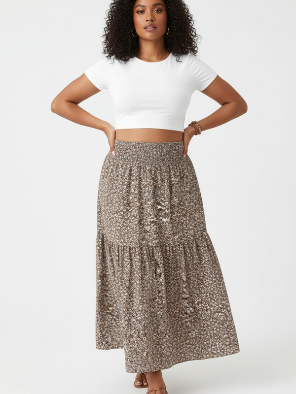 Jupe Longue Fleurie Smockée À Volants Étagés Grande Taille - Liberté Boho | Silhouette-Chic