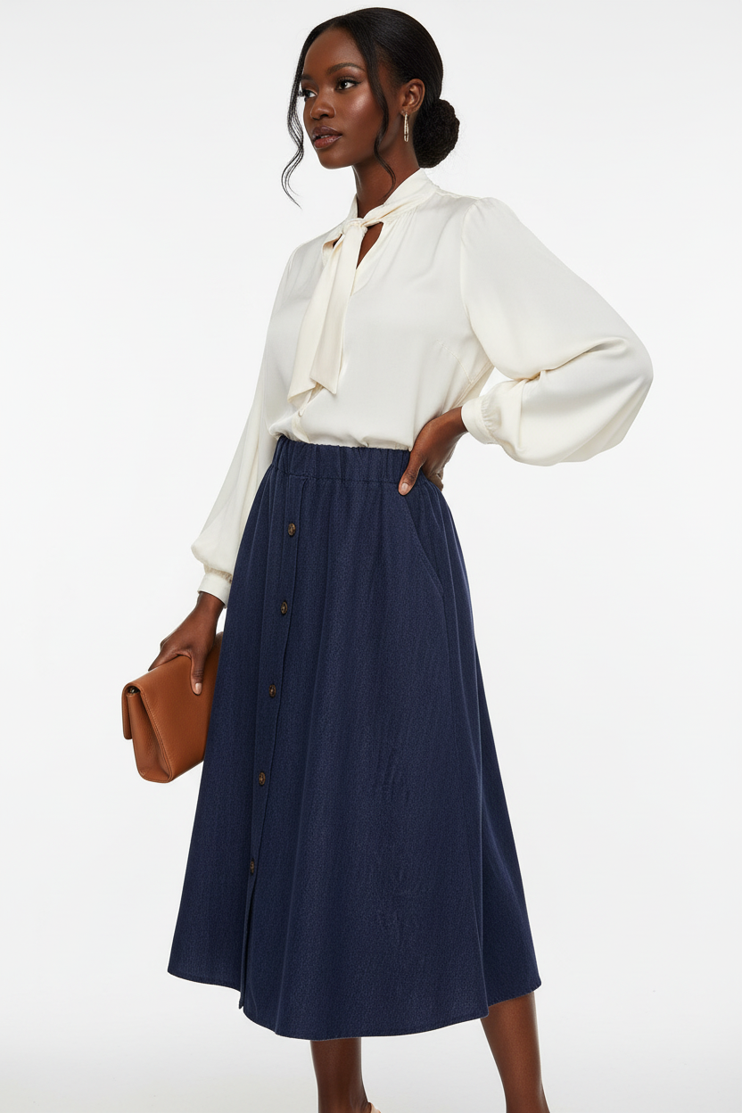 Jupe midi en velours côtelé Black-Coat avec boutons frontaux - vue trois-quarts dynamique d'une mannequin en pose confiante sur fond blanc studio, mettant en valeur la taille élastique ajustable, le velours côtelé texturé, les boutons frontaux décoratifs et la coupe évasée vintage chic