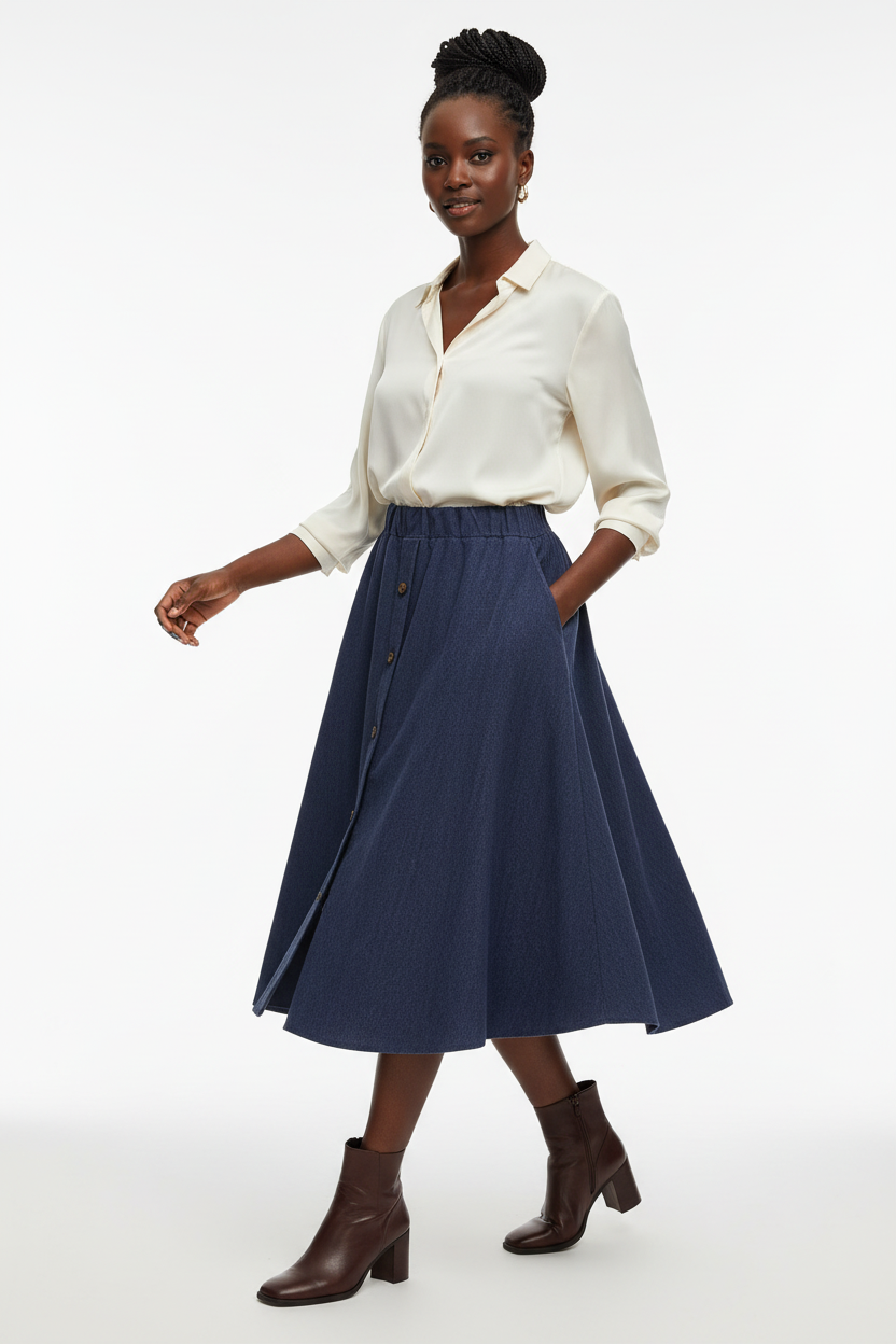 Jupe midi en velours côtelé Black-Coat avec boutons frontaux - mannequin capturée en pleine marche sur fond blanc studio, montrant le mouvement naturel de la jupe, l'élégance vintage en mouvement, le velours côtelé de qualité et la silhouette féminine et intemporelle