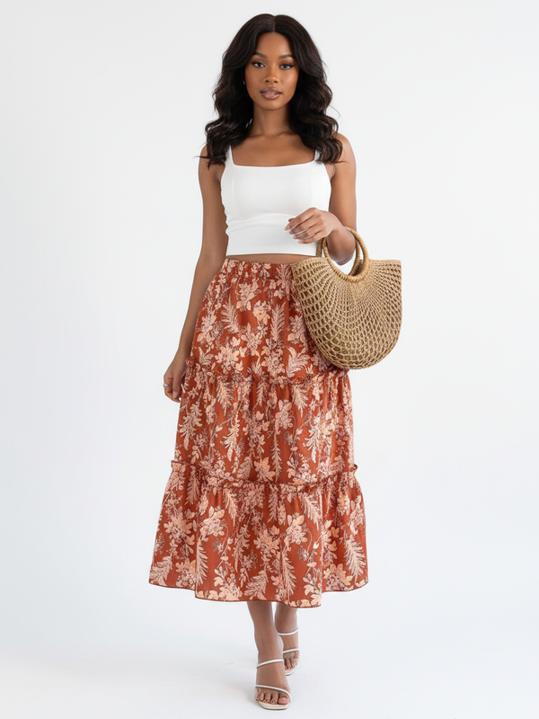 Jupe Midi Tropicale à Volants - Évasion Estivale | Silhouette-Chic