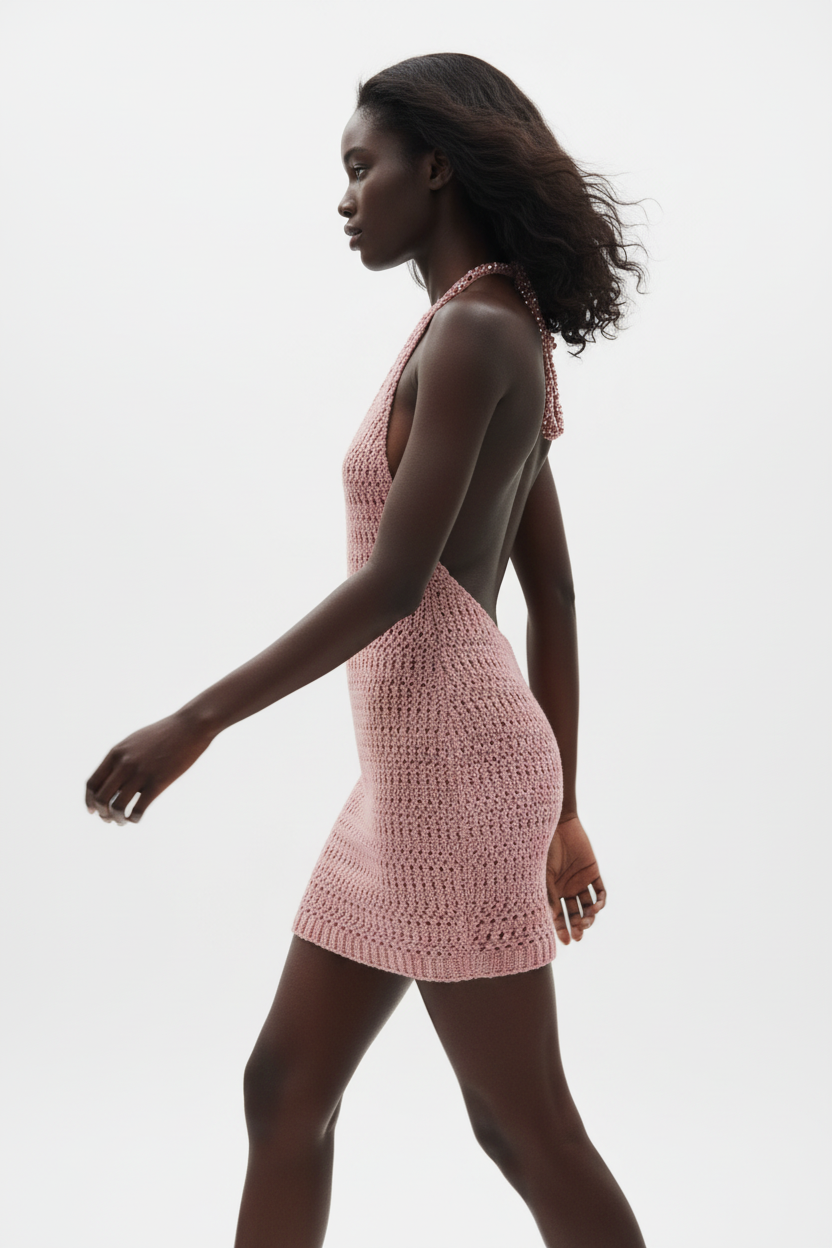 Mini robe crochet halter rose poudré en mouvement gracieux - vue de profil latéral montrant la fluidité du crochet ajouré rose, la silhouette mini qui met en valeur les jambes, et l'élégance romantique de la coupe halter - Style éditorial estival accessible - Vêtements élégants à prix doux Black-Coat