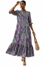 Robe Midi Bohème Imprimé Paisley Volanté Manches Bouffantes