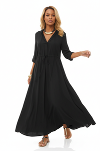 Robe Maxi Chemise Uni Col V Cordon Manches 3/4
