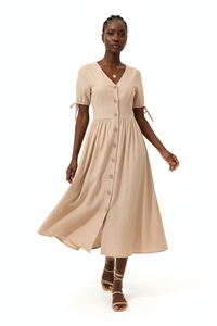 Robe Midi Boutonnée à Manches Courtes Bouffantes — Élégance Estivale