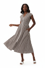 Robe Midi Vichy Col V Zip Frontal Taille Smockée — Chic & Inoubliable