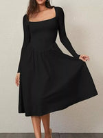 Robe Midi Col Carré Manches Longues Froncée - Élégance Romantique Moderne | Silhouette-Chic