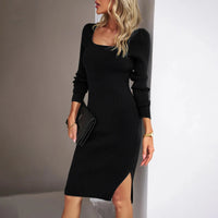 Elegant Black Ribbed Midi Dress - Bodycon Side Slit for Women