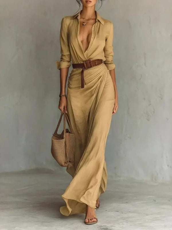 Robe Maxi Grande Taille Manches Longues Froncée - Silhouette Sculptée | Silhouette-Chic