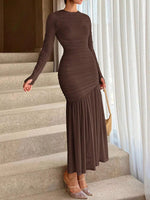 Robe Midi Ajustée Froncée Manches Longues - Élégance Sculptante Sophistiquée | Silhouette-Chic