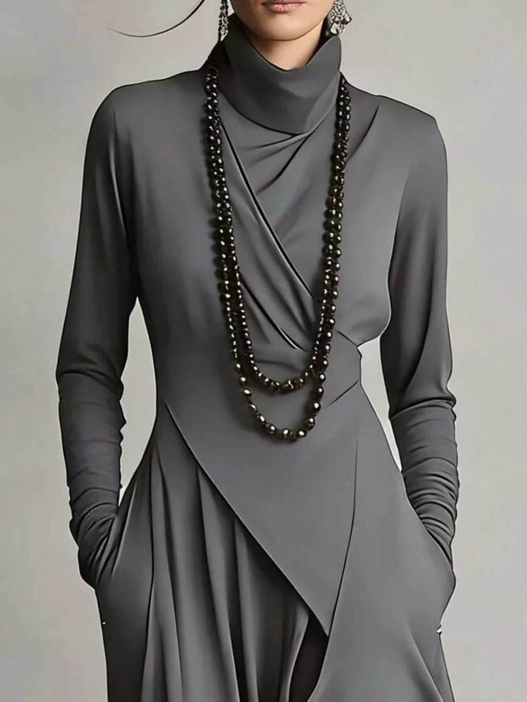 Robe col roulé ourlet irrégulier - vue rapprochée de l'ourlet asymétrique créant un mouvement captivant et une silhouette architecturale distinctive - BLACK-COAT