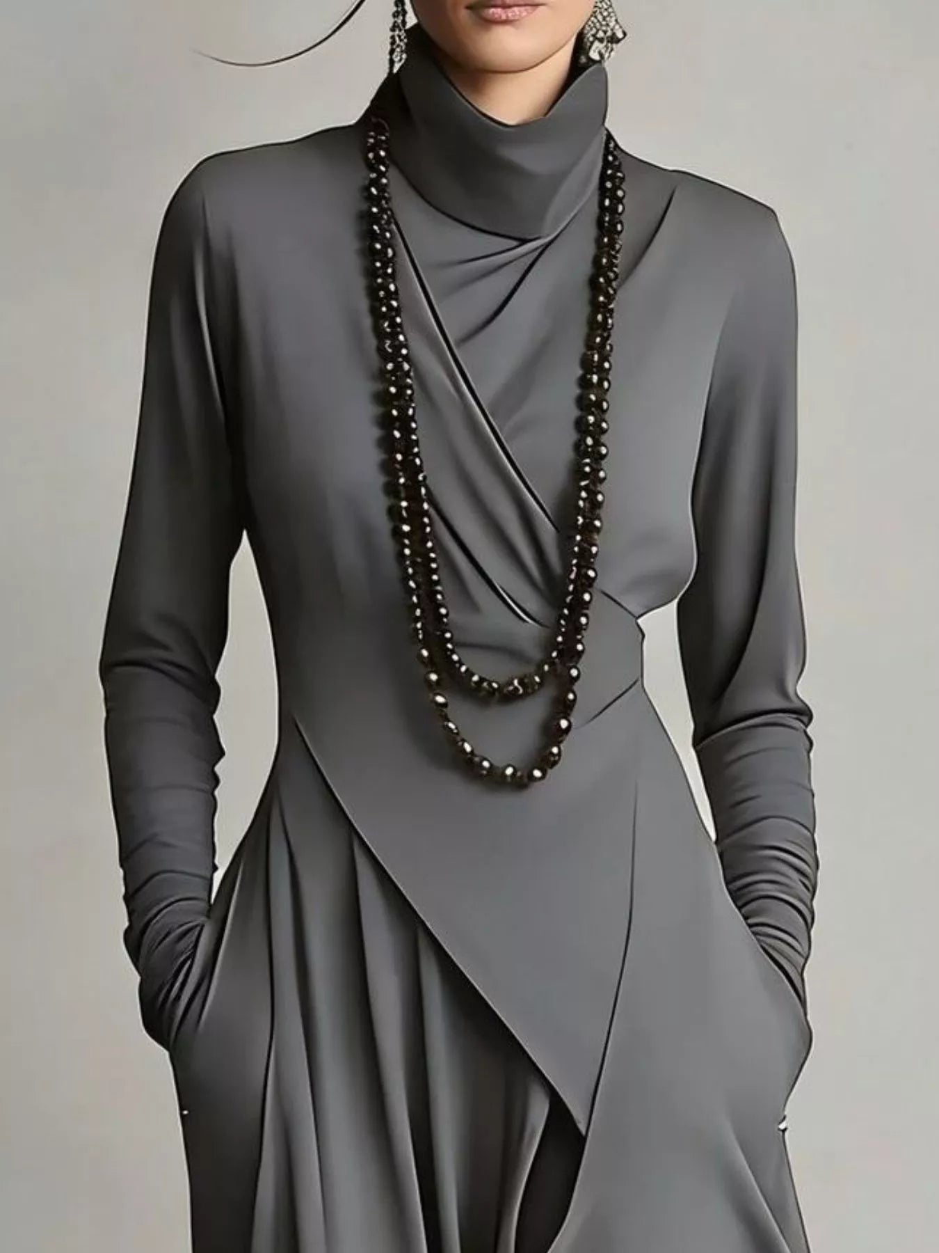 Robe col roulé ourlet irrégulier - vue rapprochée de l'ourlet asymétrique créant un mouvement captivant et une silhouette architecturale distinctive - BLACK-COAT