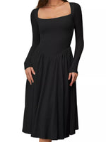 Robe Midi Col Carré Manches Longues Froncée - Élégance Romantique Moderne | Silhouette-Chic