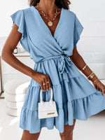 Robe Mini Étagée Manches Volantées Ceinture - Robe Femme Romantique S-2XL