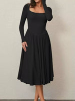 Robe Midi Col Carré Manches Longues Froncée - Élégance Romantique Moderne | Silhouette-Chic