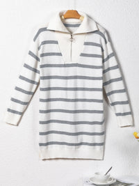 Robe Pull Mini Rayée Col Zippé Anneau - Style Urbain Graphique | Silhouette-Chic