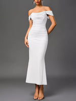 Robe Sirène Longue Blanche Épaules Dénudées Froncée - Soirée & Mariage | Silhouette-Chic