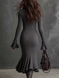 Robe Midi Tricot Côtelé Fermeture Éclair Ourlet Évasé - Silhouette Flatteuse | Silhouette-Chic