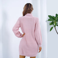 Langes Winterpulloverkleid mit Rollkragen – Strickkleid mit Knöpfen und langen Ärmeln
