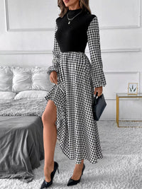 Vintage-Trapezkleid mit Hahnentrittmuster – hoher Kragen