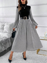 Vintage-Trapezkleid mit Hahnentrittmuster – hoher Kragen