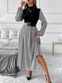 Vintage-Trapezkleid mit Hahnentrittmuster – hoher Kragen