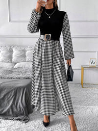 Vintage-Trapezkleid mit Hahnentrittmuster – hoher Kragen